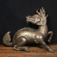 14"Tibetan Temple Collection Old Bronze Cinnabar fire Kirin mythical beast unicorn Gather fortune ornament Town house Exorcism