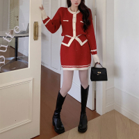 韓國聖誕風小香套裝 經典小香風 金屬釦針織套裝 閃閃金蔥 性感名媛 毛衣洋裝 跨年穿搭 聖誕節穿搭 紅色短裙套裝