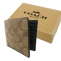 COACH 男款C LOGO6卡照片證件短夾禮盒(焦糖)