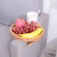 Wooden Tray Table Sofa Armrest Clip-On Shelf Snack Storage Rack Round Foldable Bed TV Snack Remote Control/Coffee Holder