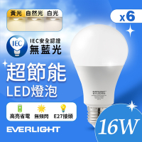 6入組 Everlight 億光 16W 超節能高效環保LED燈泡 (黃光/自然光/白光)