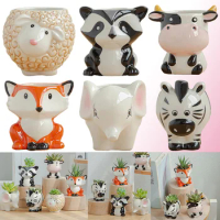 RBCFHl 1PC Style Ceramic Animal Flower Pot Cartoon Zebra Sheep Cow Head Mini Pot Succulents Plants Bonsai Pots Home Decoration