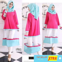 Baju Tunik Luna+PASHMINA OX Tunik Wanita spandek Pink Kekinian@@ Muslim Tile Atasan Kancing