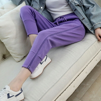 超火cec紫色運動褲女2020年新款高腰顯瘦休閑側拉鏈哈倫束腳褲子