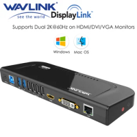 Wavlink USB 3.0 Universal Displaylink Docking Station Support Dual 2K@60Hz HDMI/DVI External Gigabit Ethernet For Laptop//PC/Mac