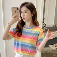 夏季女裝新款時尚短袖條紋T恤韓版原宿風彩虹小眾ins上衣潮「x」