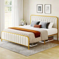 King Size Upholstered Bed Frame with Tufted Headboard &amp; Wooden Slats,Modern Double bed w/ Extra Storage Space,for youth adult