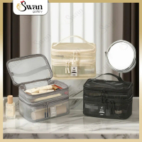 Pouch Makeup Skincare Organizer Double Layer Model Jaring Pouch Handle Minimalis Travel Bag Transpar