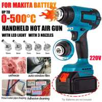 Cordless Electric Hot Air Gun 0-500°C Handheld LED Hot Air Gun with 3 Nozzles for Makita 18V Battery Rechargeable Hot Air Blower