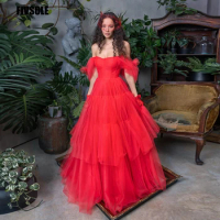 Fivsole Strapless Tulle Evening Dresses Tiered Red Formal Dress A-line Floor Length Evening Gowns Vestidos De Noche Prom Gowns