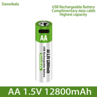 2023 New 1.5V USB AA Rechargeable Battery 12800 mAh Li-ion Battery for Remote Control Mouse Electric Toy Battery + Type-C Cable