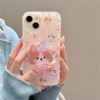 Cartoon Jelly Pink Puppy Holder Phone Case For Iphone 15 14 13 12 Pro Max 11 Cute Clear Cover Girl Shockproof Anti-drop Shell
