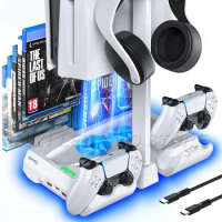 Newest PS5 Stand 2 Controller Charger Station 2 Cooling Fan Headset Holder 12 Game Slots for Playstation 5 Console Accessories