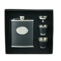 7oz leather wrapped oval hip flask with 2 cups and funnel in gift box packing for men's gift, Personalized text engraved free