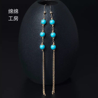 新品14k包金流蘇耳環女氣質時尚綠松石耳線中長款耳飾