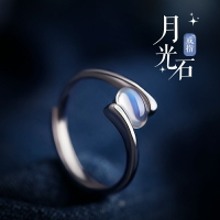 月光石戒指女純銀輕奢小眾設計精致水晶銀指環冷淡風簡約素圈尾戒