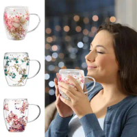 Glass Mug Cup with Dry Flower Double Wall Insulated Coffee Mugs Espresso Cup Dual Layered Glass Cups Dried Flowers Insulated Cup