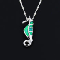 Lovely Kiwi Green Fire Opal Sea Horse Pendant Necklace Gift