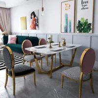 Minimalist Italian Stainless Steel Dinning Tables And Chair Luxury Dining Chairs Modern Golden Marble Dining Table Set