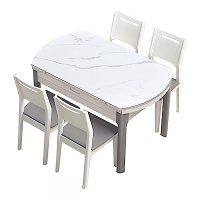 hoi! 林氏木業現代風大理石紋岩板可伸縮圓餐桌LS058+餐椅-灰白色(一桌四椅) (H014296097)