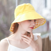 雙面漁夫帽女格子黃色防曬遮陽太陽小帽子夏季薄款夏天年新款
