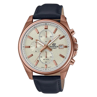 CASIO EDIFICE系列簡約質感設計三眼三針皮帶腕錶-黑X玫瑰金(EFV-610CL-7A)/43.8mm