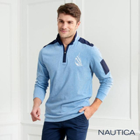 【NAUTICA】立領撞色拼接長袖POLO衫(藍色)