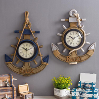 地中海船錨復古墻壁掛鐘客廳木質船舵時鐘酒吧做舊裝飾品創意鐘錶【摩可美家】