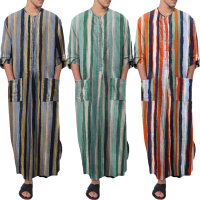 Jubah Muslim lelaki berjalur cetak pakaian kapas lengan panjang dengan poket kasual vintaj islam Arab Kaftan lelaki Dubai Kaftan