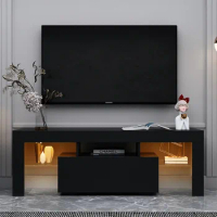 Entertainment Center TV Stand, MDF TV Console with LED Light, Modern High-Gloss TV Cabinet for TVs up to 55", Black