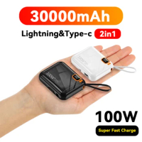 30000mah Mini Power Bank PD100W Fast Charger Detachable USB to TYPE C Cable Two-way Portable Powerbank For iPhone Xiaomi Samsung