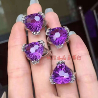 天然紫水晶戒指女 925純銀戒指環鑲嵌寶石戒指飾品首飾1入