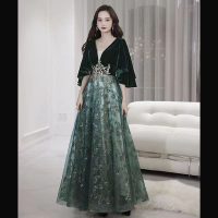 DINNER DRESS Temperament Green Banquet Evening Gold Velvet Dresses 女士韩式晚宴长款晚礼服奢华大气