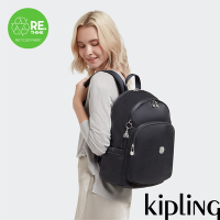 Kipling 褶皺色丁黑時尚拉鍊大開口後背包-DELIA M
