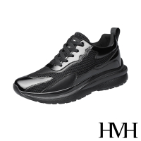 【HMH】內增高休閒鞋/潮流亮皮網布拼接內增高設計休閒運動鞋-男鞋(黑)