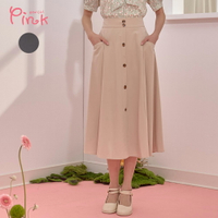 Pink*氣質排釦後鬆緊中長裙 (2色) Y1603BD