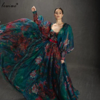 Haute Couture Flowers Evening Dresses 2020 Long Puffy Sleeves Evening Gowns Elegant Celebrity Gowns Woman Photography Robe