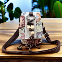 Dompet Telefon Etnik, Gaya Minimalis, Selempang, Ringan, Diperbuat daripada Kapas, Zip Berganda, Sai