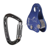 24KN Self Locking Carabiner + Aluminum Rope Grab Fall Protection Climbing Mountaineering Rappelling Gear