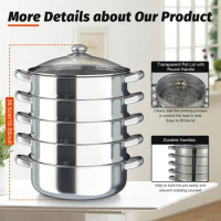26/28/30/32cm 5 Tier Steame Cooker Steamer Pan Cook Food Veg Pot Stainless Steel Silver w/Glass Lid