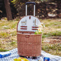 Rattan Woven Picnic Basket with Wheels Pull Rod Spring Outing Storage Basket Multi-Function Outdoor Camping Tableware Set