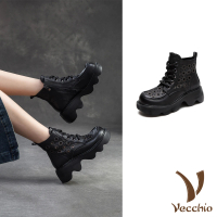 【Vecchio】真皮短靴 厚底短靴/全真皮頭層牛皮幾何縷空繫帶厚底短靴(黑)