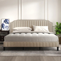 King/Queen/Full Size bed,Linen Curved Upholstered Platform Bed with Solid Wood Frame and Nailhead Trim,Elegant Bed,for bedroom