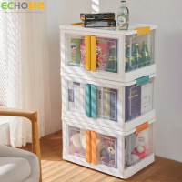ECHOME Foldable Storage Box Double Door Open Storage Box with Lid Stackable Sundries Toys Snacks Home Storage Cabinet Organizer