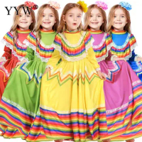 Mexican Dress For Women Boho Long Dress Robe Cosplay Halloween Costume Child Stage Birthday Party Dress Vestido Mexicano Clothes