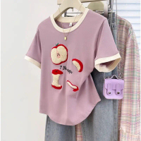Women Apple Embroidery Short Sleeve T Shirt Breathable Cooling Velvet Fabric Loose Fit Slimming Styl