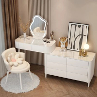 實木岩板奶油風收納櫃化妝台（80CM桌+六抽櫃+雲朵鏡+小花椅）