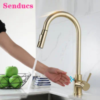 Touchless Kitchen Faucets SUS304 Stainless Steel Pull Out Kitchen Mixer Tap Brushed Gold Sensor Kitchen Faucet Hot Cold Faucets