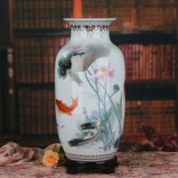 Jingdezhen Ceramic Vase Pastoral Ink Fengshui Lotus Fish Vase Creative Fashion Home Furnishings porcelain vase chinese