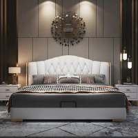 Under Storage Aesthetic Double Bed Queen Size Cute Luxury White Salon Double Bed Frame Genuine Leather Cama Box Casal Furniture